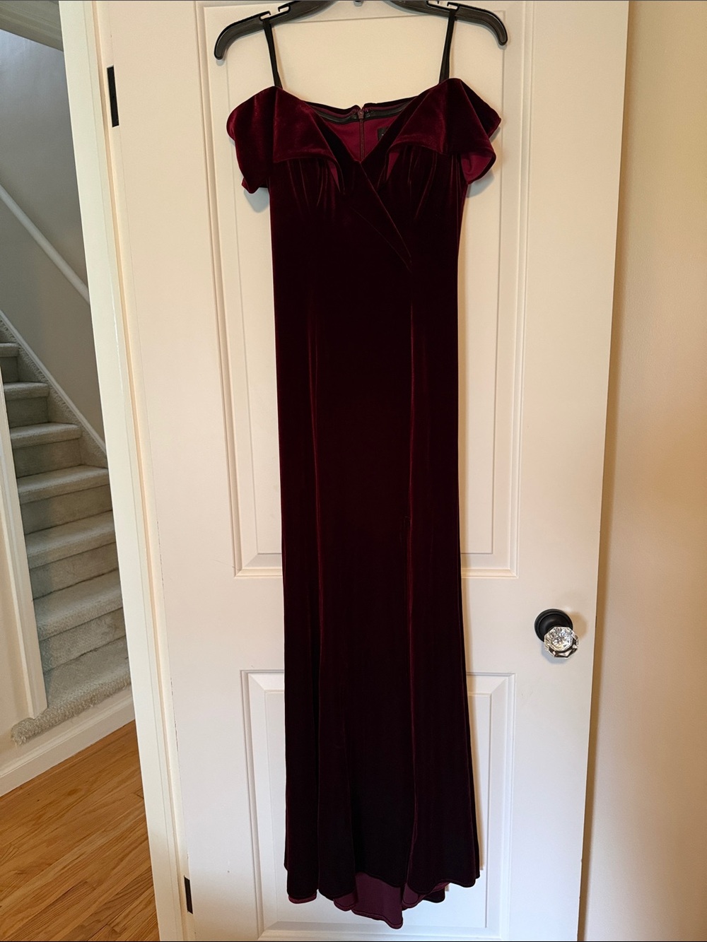Xscape Velvet Evening Dress in Wine